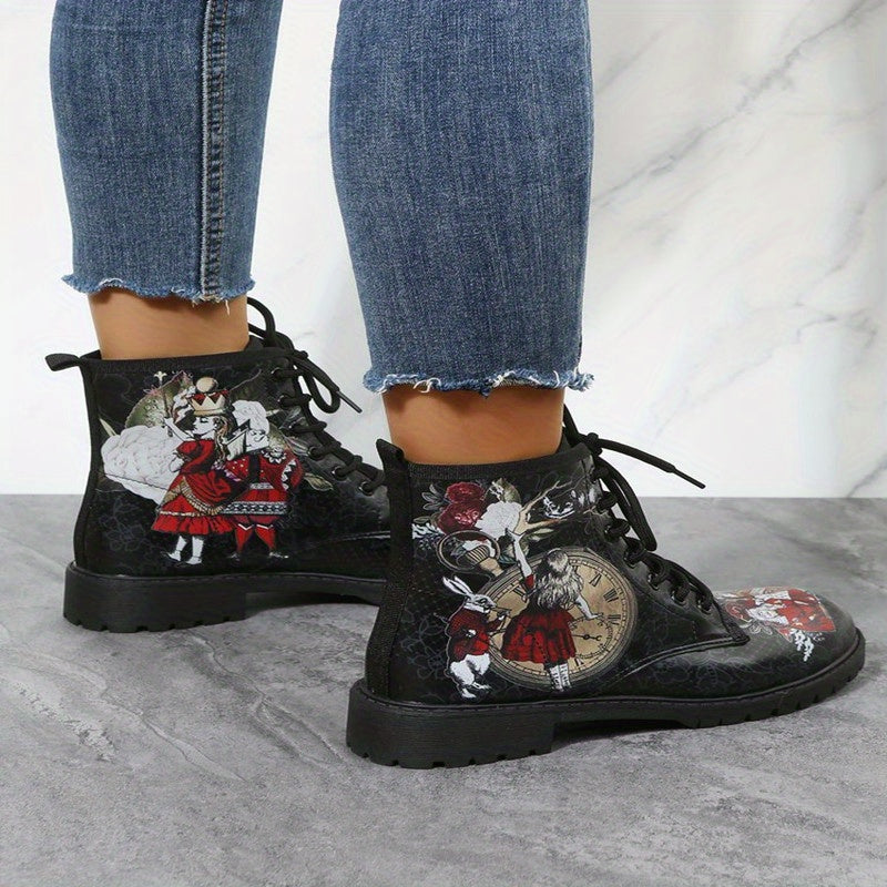 Women's Printed Chunky Heel Lace Up Short Boots Halloween Boots
