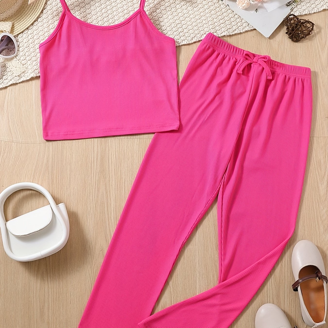 2pcs Girls Skinny Ribbed Cami Vest Top & Casual Trousers Summer Kids Clothes