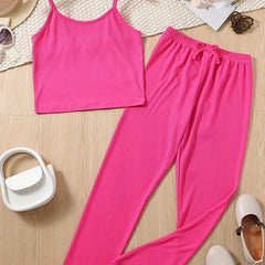 2pcs Girls Skinny Ribbed Cami Vest Top & Casual Trousers Summer Kids Clothes