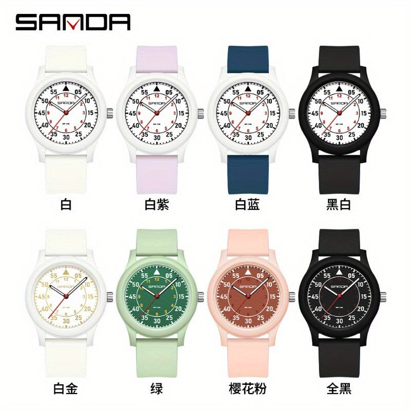 Sanda Unisex Quartz Watch Green Dial Red Hands Stainless Steel Case