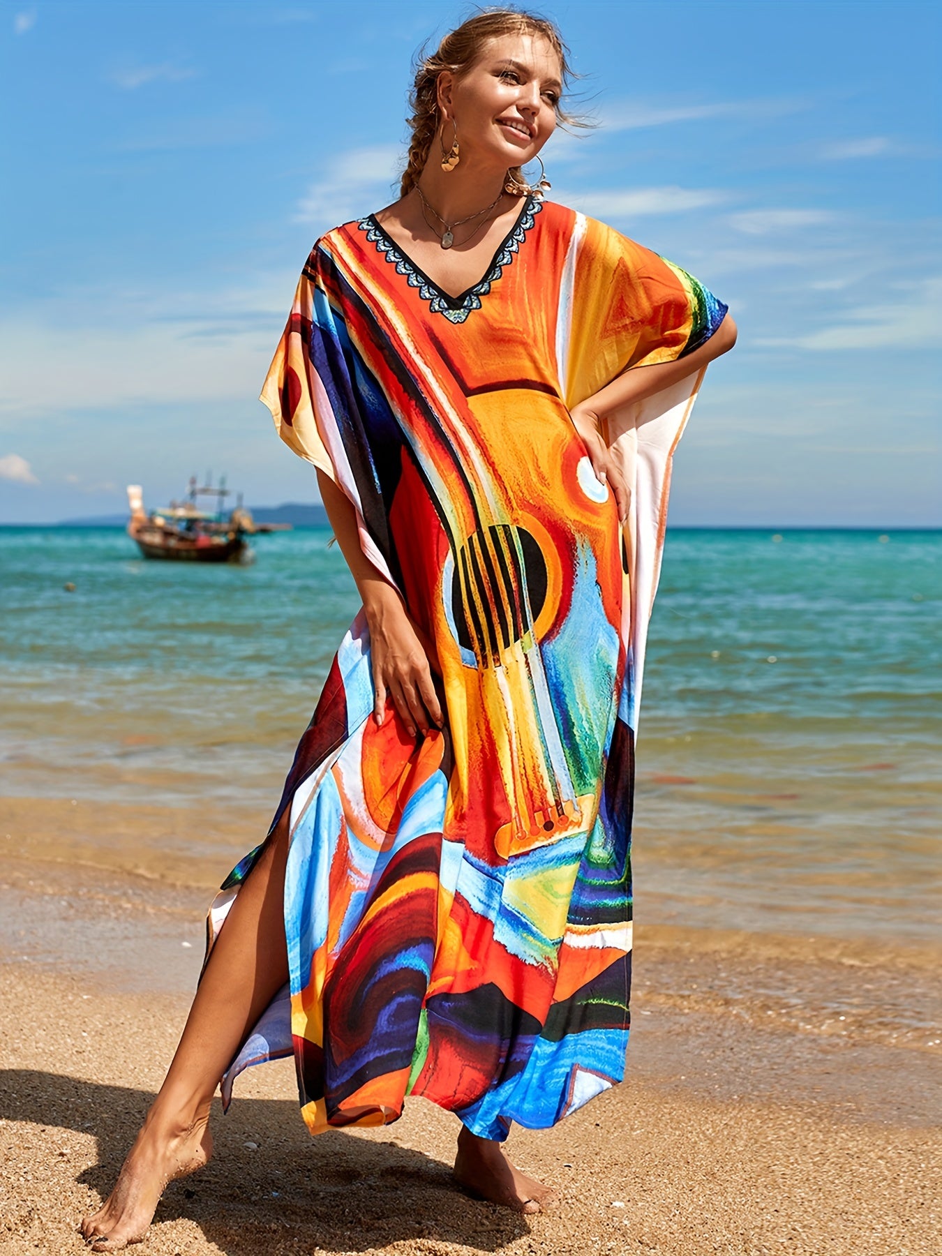 Boho Cover Up Women's Plus Abstract Guitar Print V Neck Side Split Cov