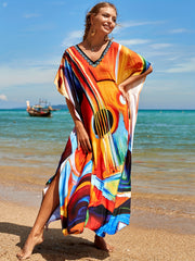 Boho Cover Up Women's Plus Abstract Guitar Print V Neck Side Split Cov