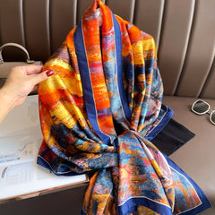 Satin Landscape Printed Scarf Sunscreen Shawl Wrap