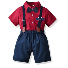 Boys Gentleman Outfit Red Button Bowtie Shirt & Suspender Shorts Set