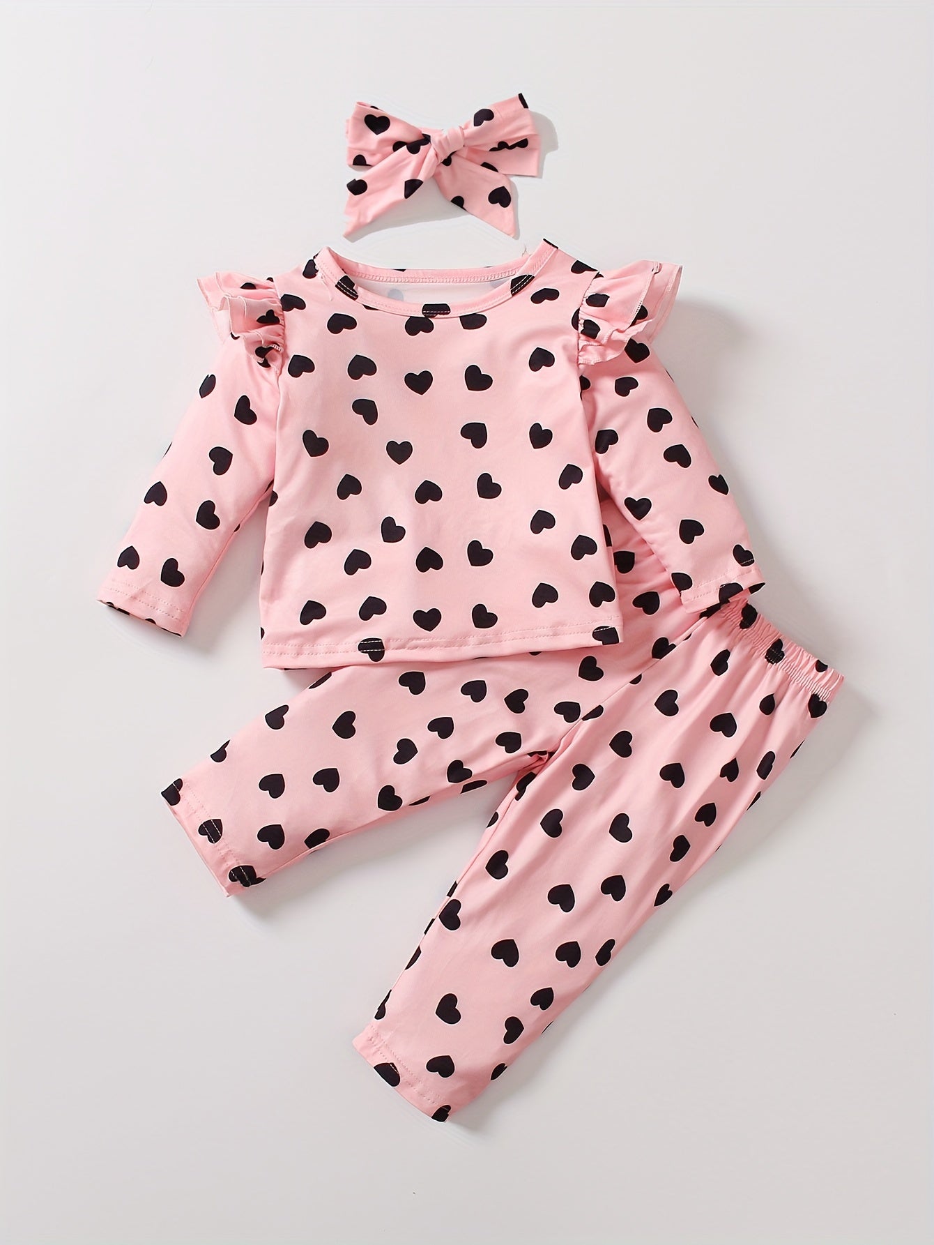 Toddler Girls Heart Print Outfit Ruffle Sleeve T shirt & Trousers & Headband
