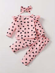 Toddler Girls Heart Print Outfit Ruffle Sleeve T shirt & Trousers & Headband