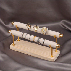 Two Tier Ring Flannel Display Jewelry Rack Solid Wood Base Organizer