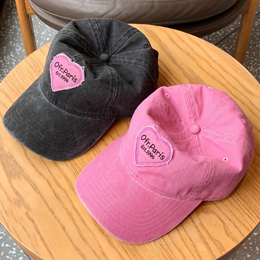 Pink Heart Patch Baseball Cap Vintage Washed Distressed Sun Hat
