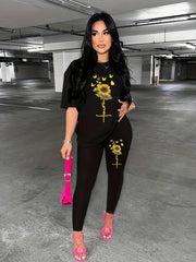 Sunflower & Butterfly Print Two piece Crew Neck Top & Pants Set