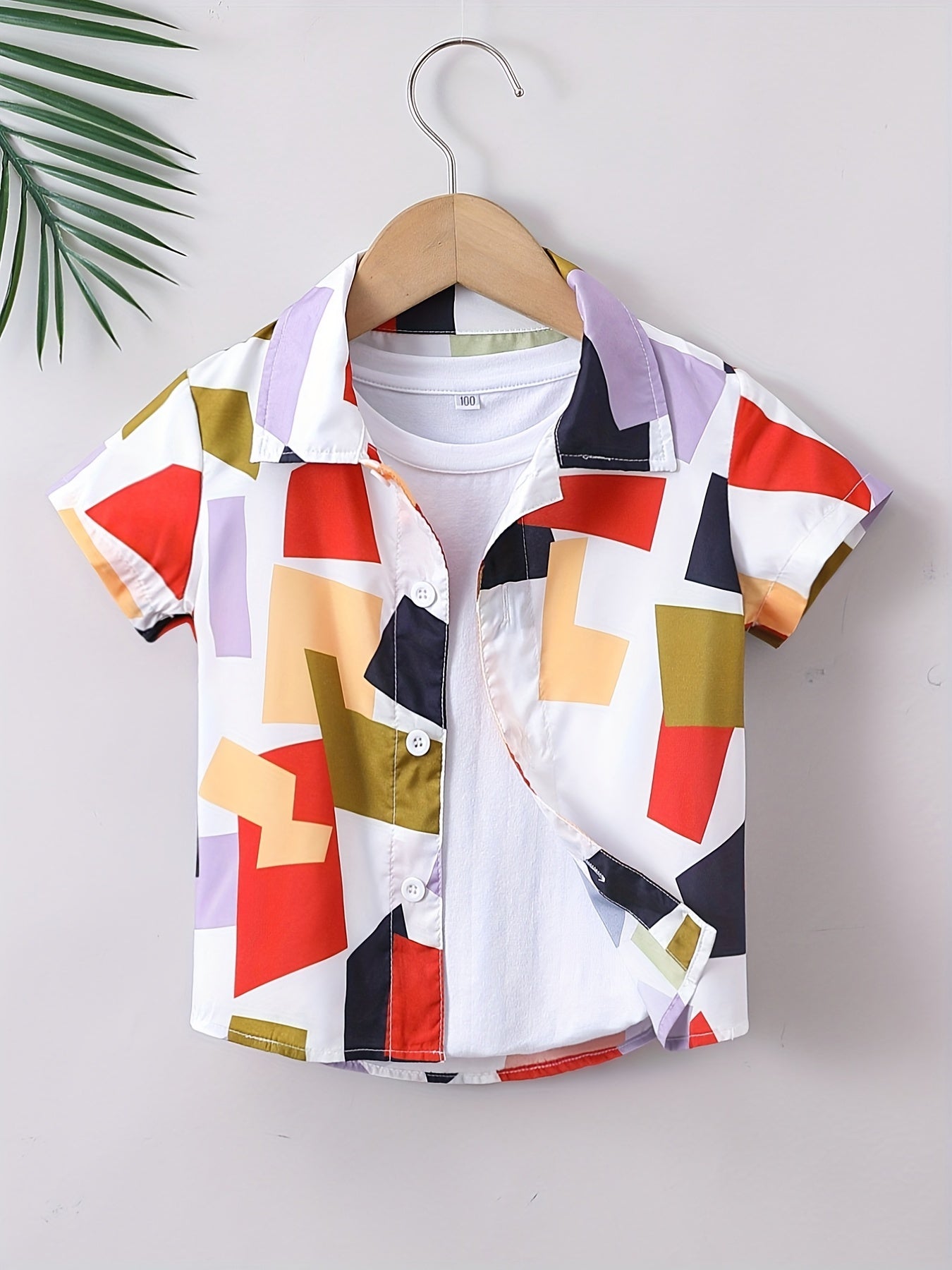 Geometric Print Boys Button Down Shirt Lightweight Short Sleeve Tee