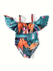 Baby Girls Plant Print Off Shoulder Swimsuit for Summer