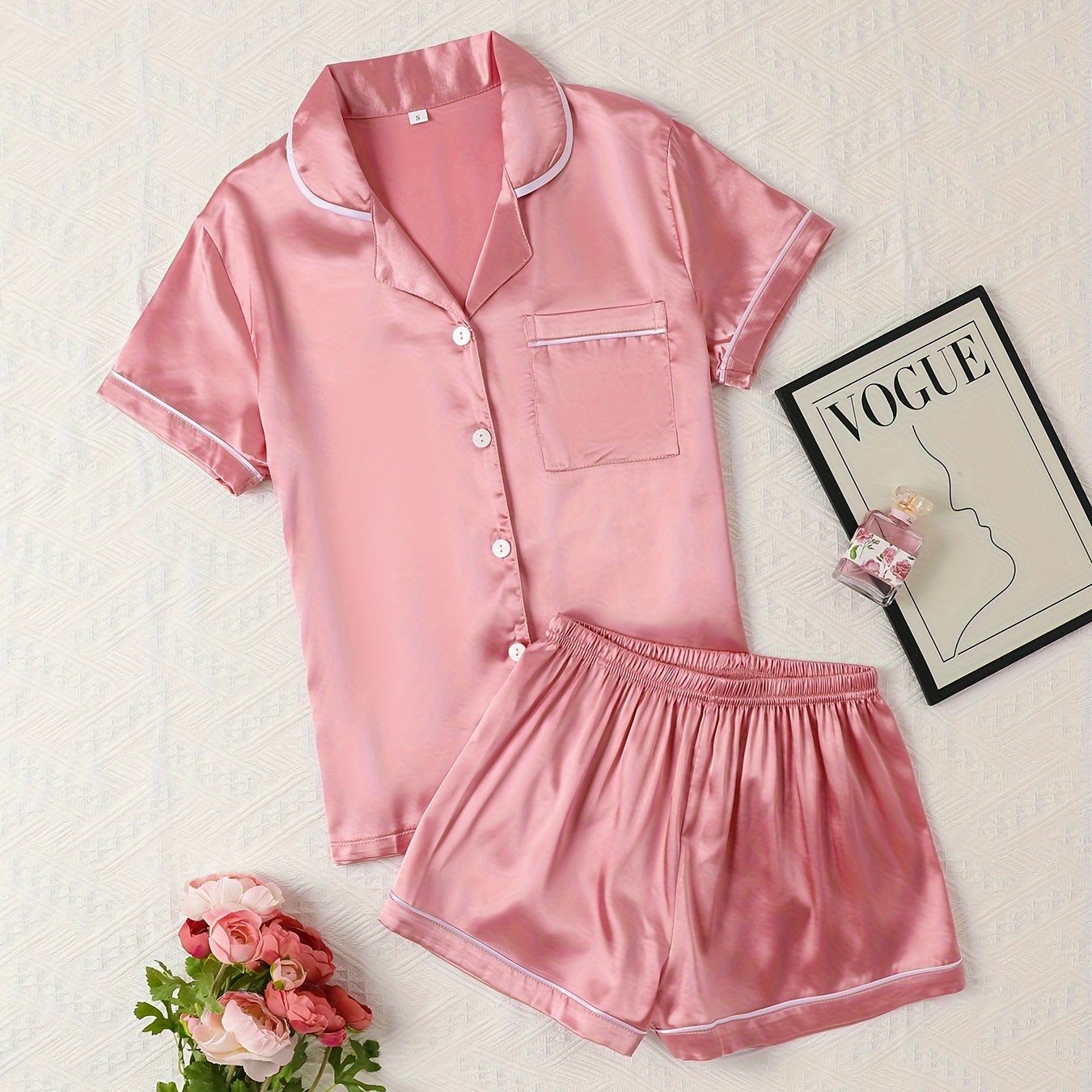 Satin Pajamas Set Short Sleeve Top & Shorts Women's Sleepwear