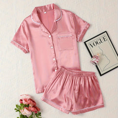 Satin Pajamas Set Short Sleeve Top & Shorts Women's Sleepwear