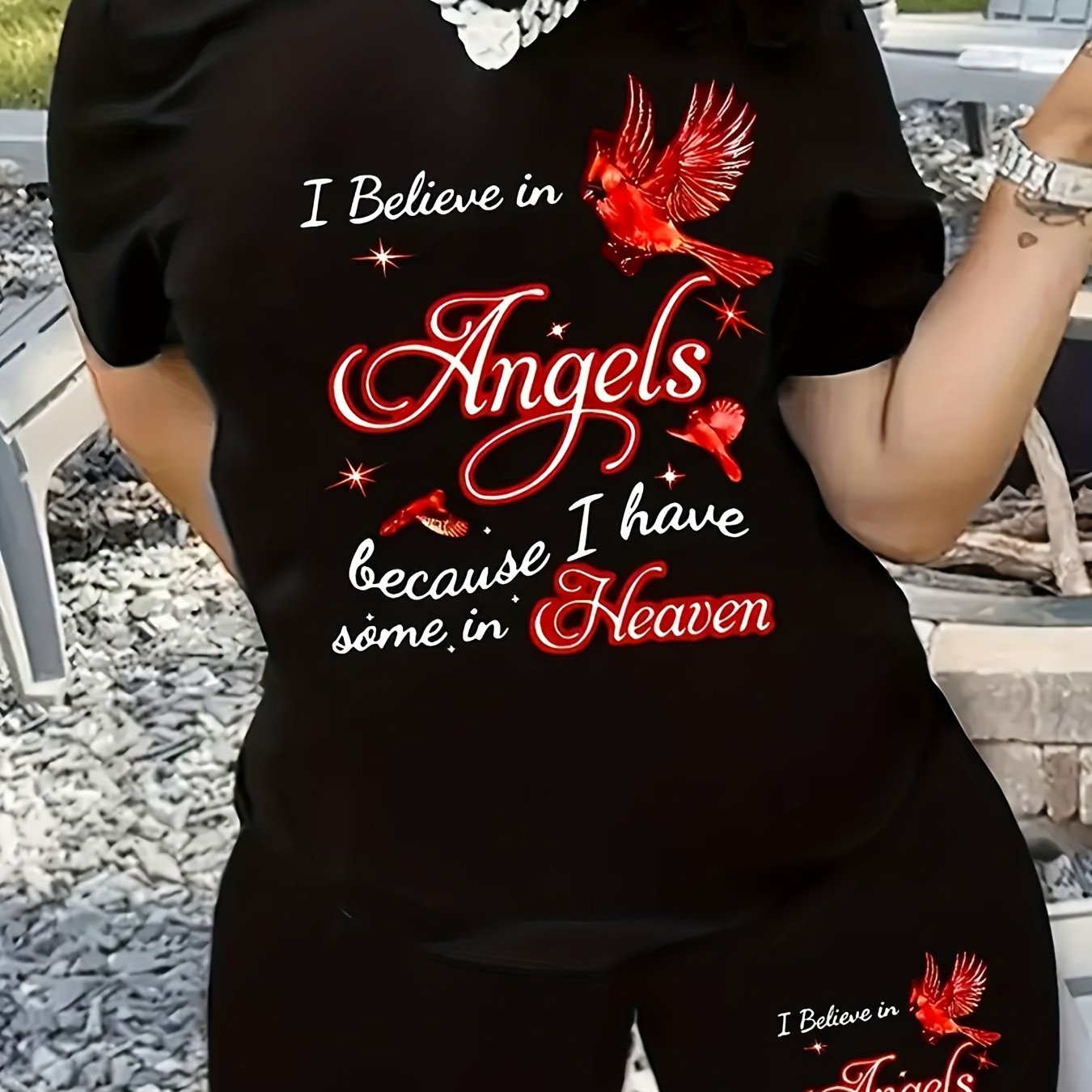 Letter & Lucky Bird Print 2pc Set T shirt & Biker Shorts