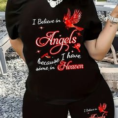 Letter & Lucky Bird Print 2pc Set T shirt & Biker Shorts