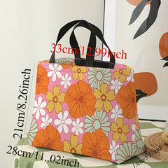 Orange Flowers Printed Lunch Bag Waterproof Insulated Large Capacity