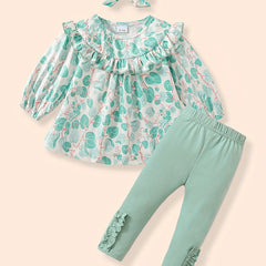 Girl's Plant Print Suit Doll Collar Top Pants Set