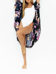 Floral Print Sheer Cover Up Shirt V Neck Long Sleeve Rash Guard Kimono