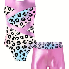 Leopard Print Gymnastics Outfit Set Sleeveless Romper Top Shorts