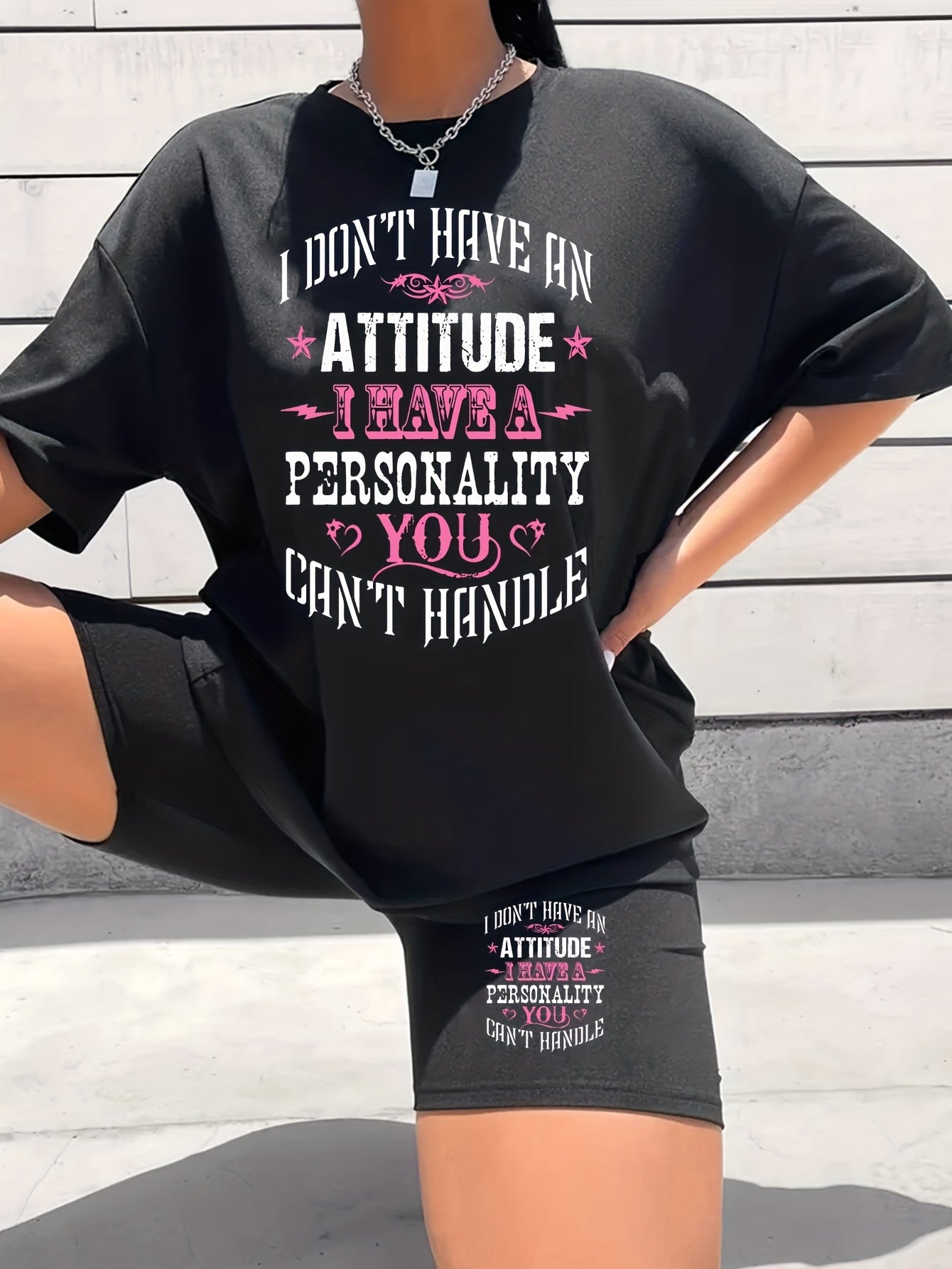 Letter Print Matching Two piece Set Casual Short Sleeve T shirt & Yoga Shorts