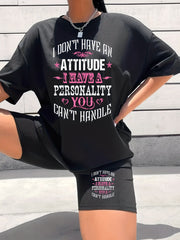 Letter Print Matching Two piece Set Casual Short Sleeve T shirt & Yoga Shorts