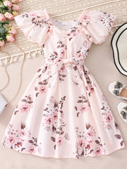 Toddler Girls Ruffle Trim Flowers Graphic Princess Belted Dress