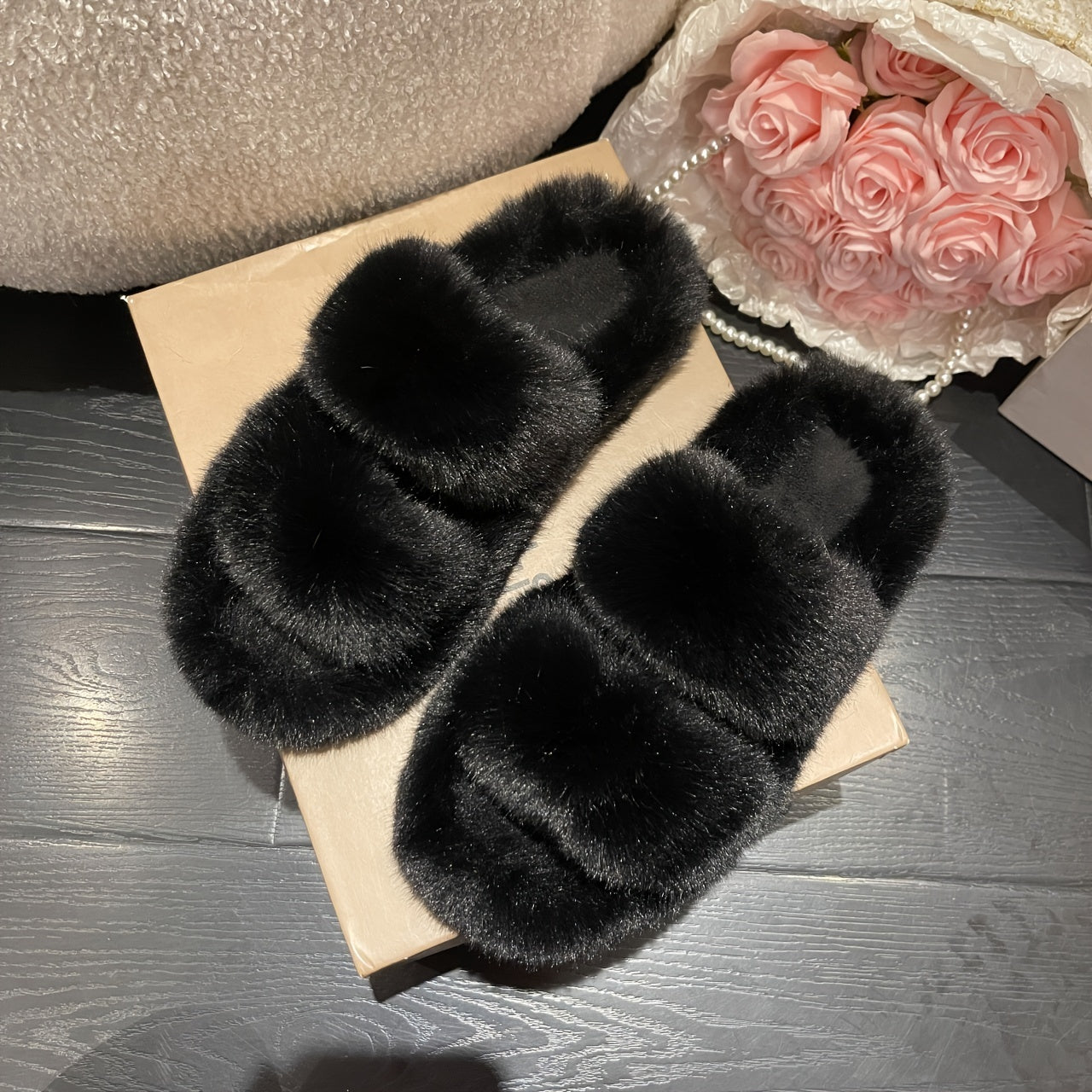Fluffy Two Bands Slippers Solid Open Toe Slip On Plush Shoes Cozy & Warm