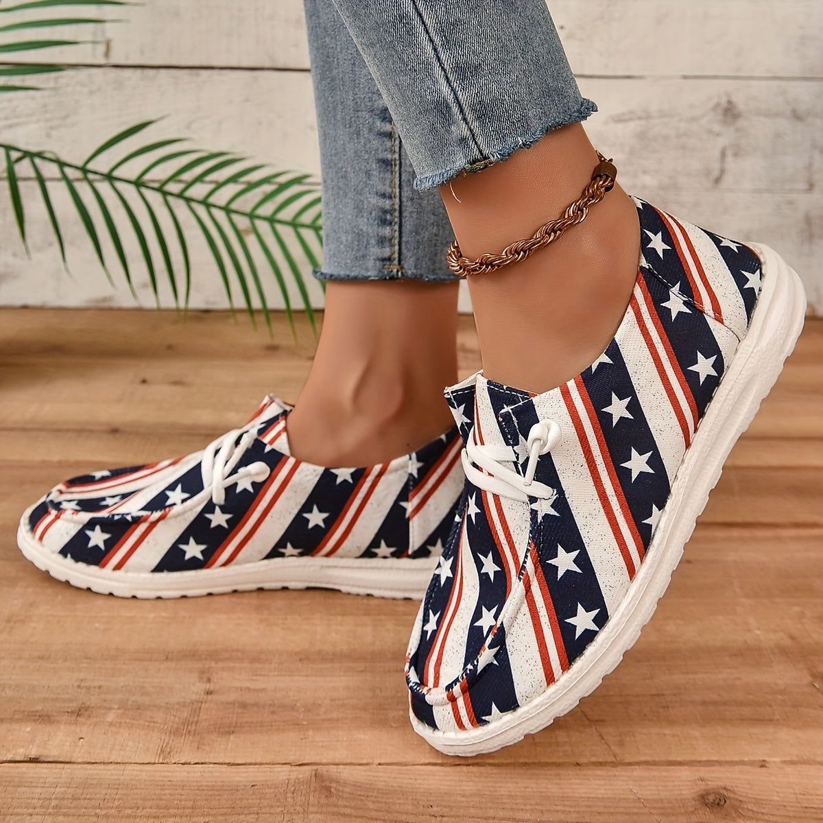 Women's Striped & Star Loafers Slip On Canvas Shoes