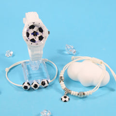 3pcs Football Fan Quartz Watch Set for Boys Students, Sports Style Soft Strap Wa