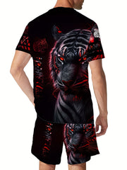 Lion 3d Pattern Men's 2 Piece Outfits Short Sleeve T-shirt And Shorts Set