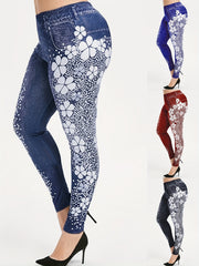 Denim Flower Print Sports Leggings High Waist Yoga Pants