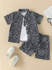 Boys Allover Print Outfit Short Sleeves Shirt & T shirt & Shorts