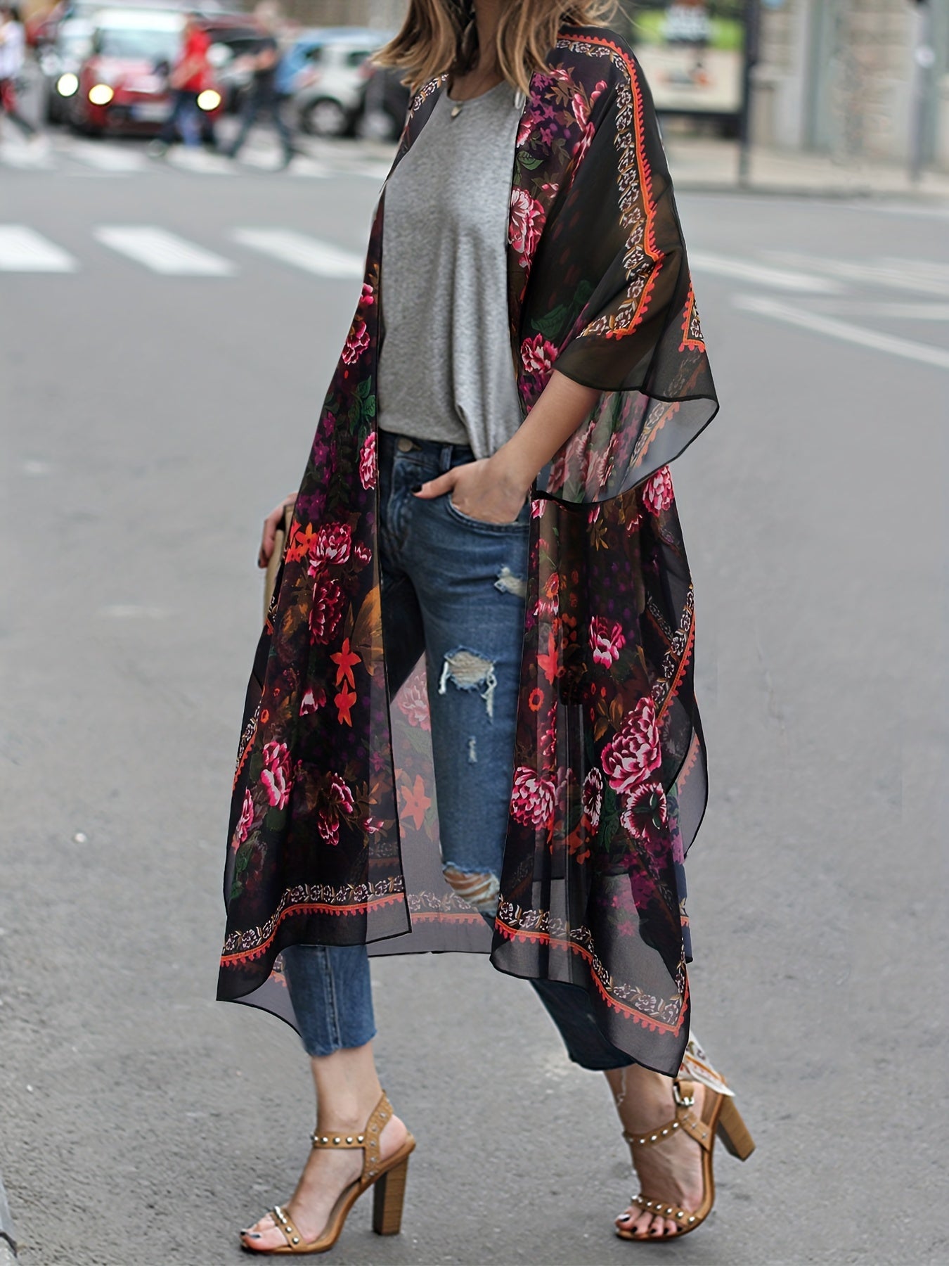 Floral Cover Up Shirt V Neck Semi Sheer Loose Fit Beach