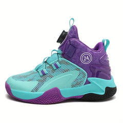 Boys Basketball Shoes Rotating Button Breathable Mesh Non Slip Sneakers