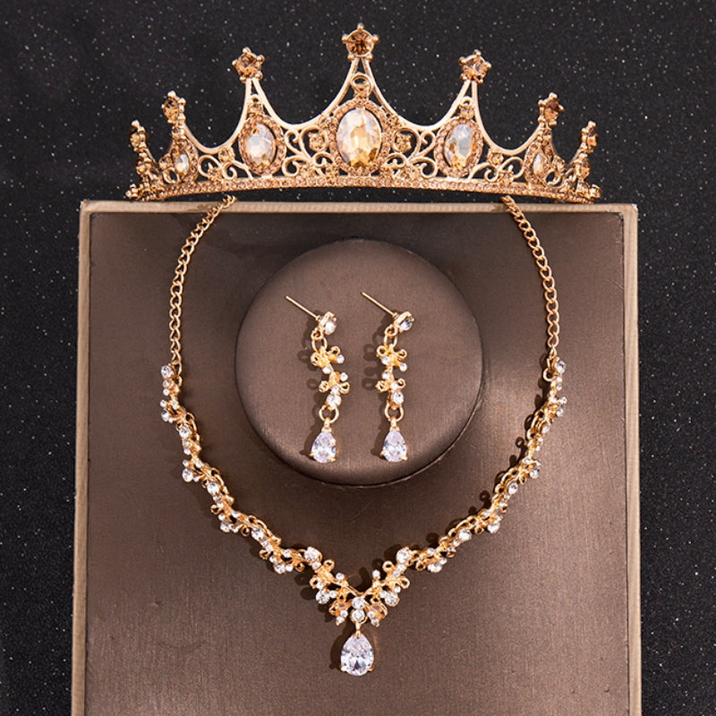 Baroque Silver Crystal Jewelry Set Rhinestone Tiara Crown Choker Necklace