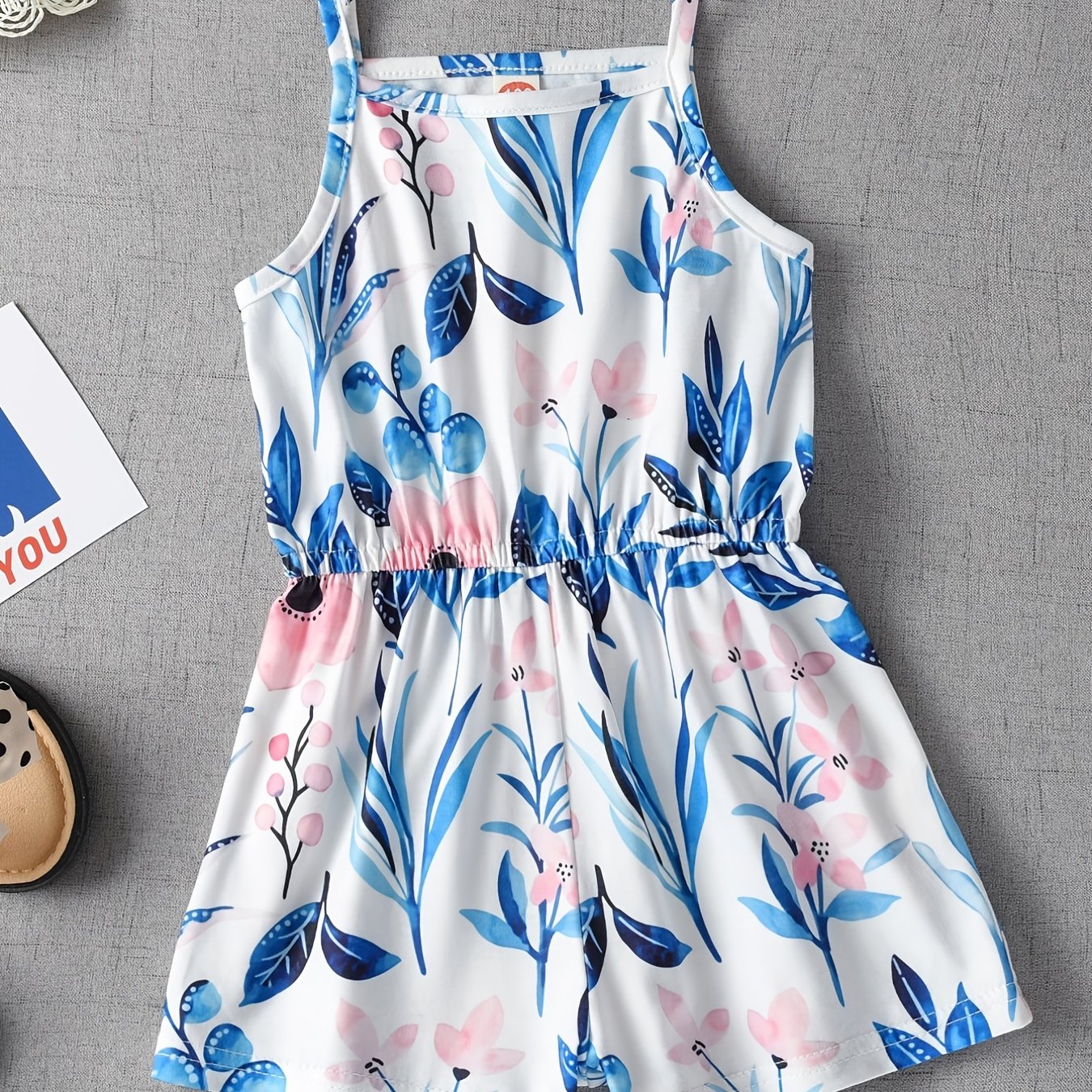 Girls Square Collar Cami Romper Flowers Print Stretch Jumpsuit Kids Summer