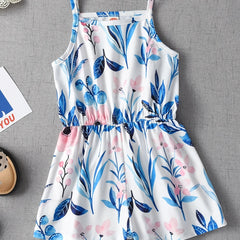 Girls Square Collar Cami Romper Flowers Print Stretch Jumpsuit Kids Summer