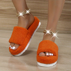 Women's Plush Winter House Slippers Open Toe Fluffy Platform Slides