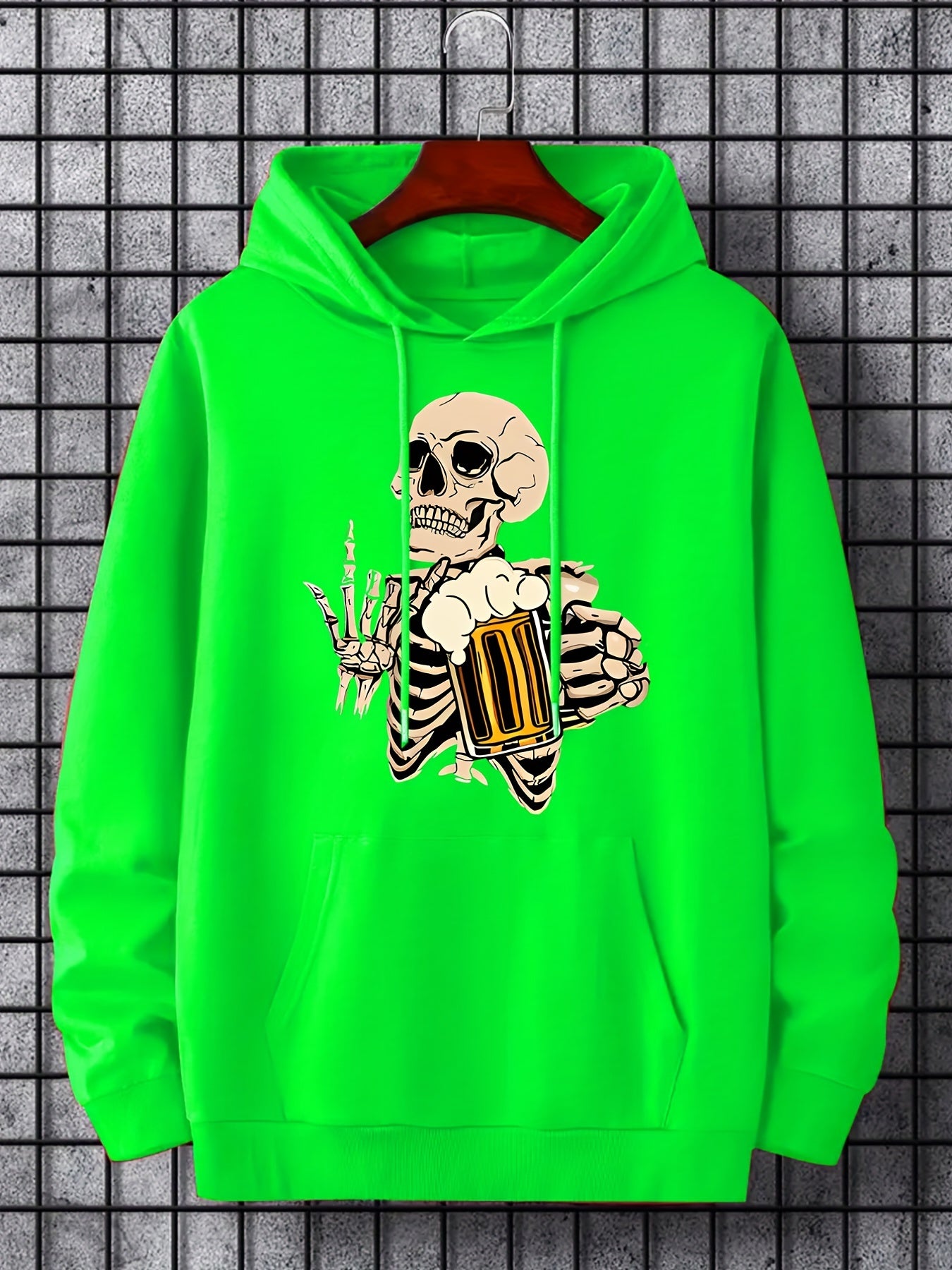Skeleton Beer Print Hoodie Men's Pullover Sweatshirt