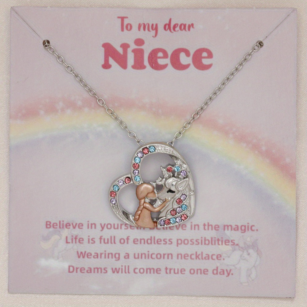Girl & Unicorn Heart Pendant Necklace Holiday Gift