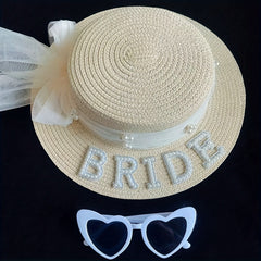 Beige Brown Bride Straw Hat and Heart-Shaped Frame Glasses Set