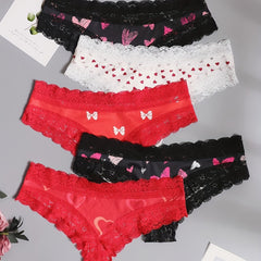5 Pack Plus Size Lace Heart & Bow Print Panties Set