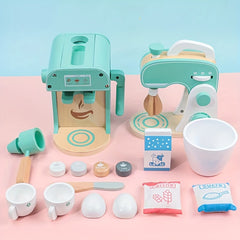 Wooden Kids Kitchen Play Accessories Toy Set Coffee Maker Blender Pretend Play
