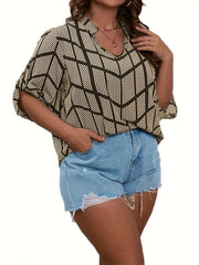 Casual Blouse Women's Plus Dot & Geometric Print Long Sleeve Loose Fit