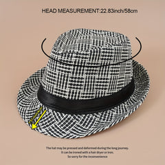 Plaid Striped Jazz Fedora Cap Straw Sun Hat British Style Trilby Hats