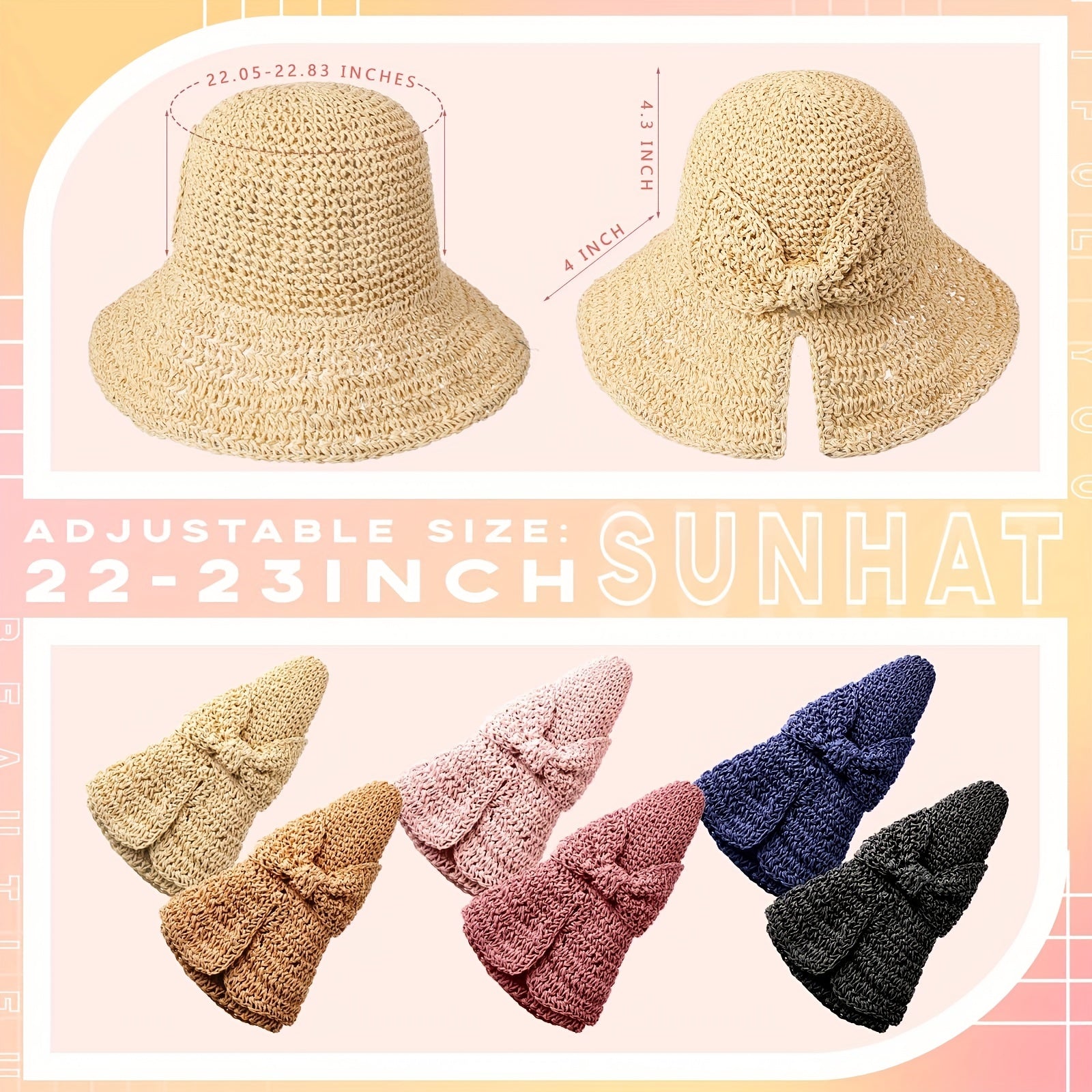 Crochet Straw Sun Hat Wide Brim UV Protection Bucket Hat