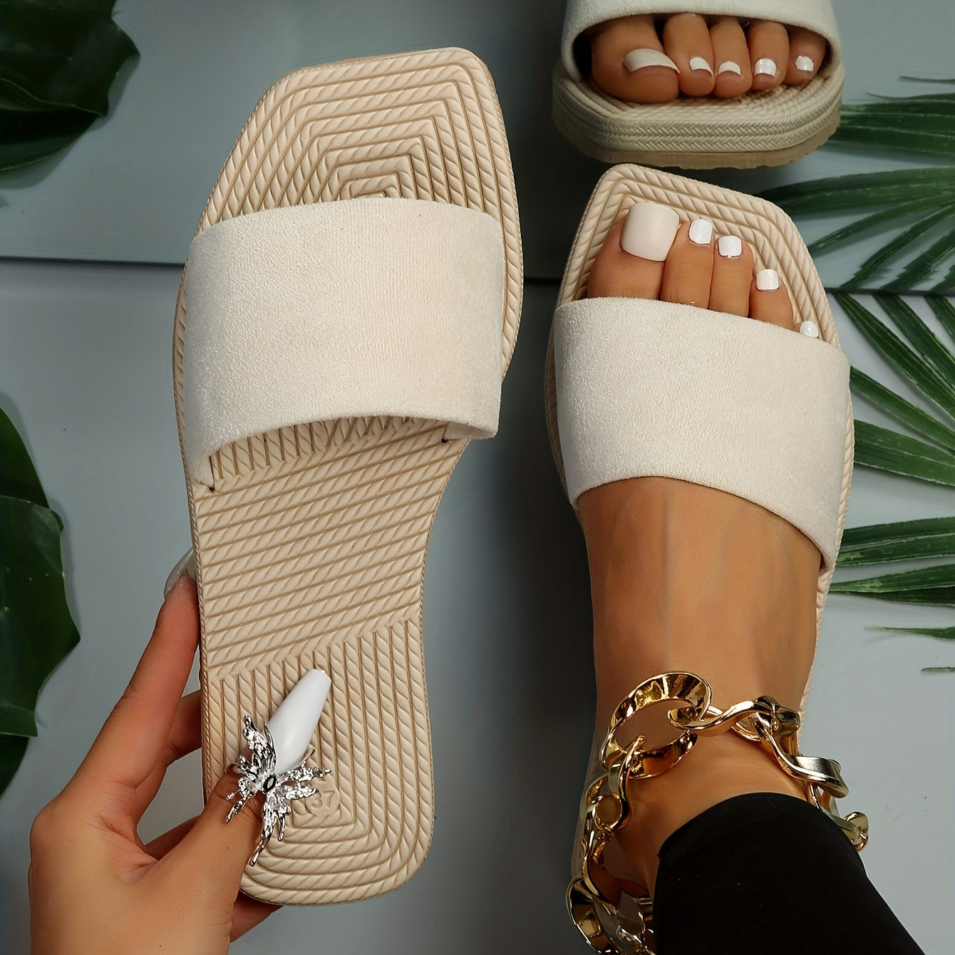Women's Square Toe Slide Sandals Casual Slip On Flat Shoes