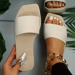 Women's Square Toe Slide Sandals Casual Slip On Flat Shoes