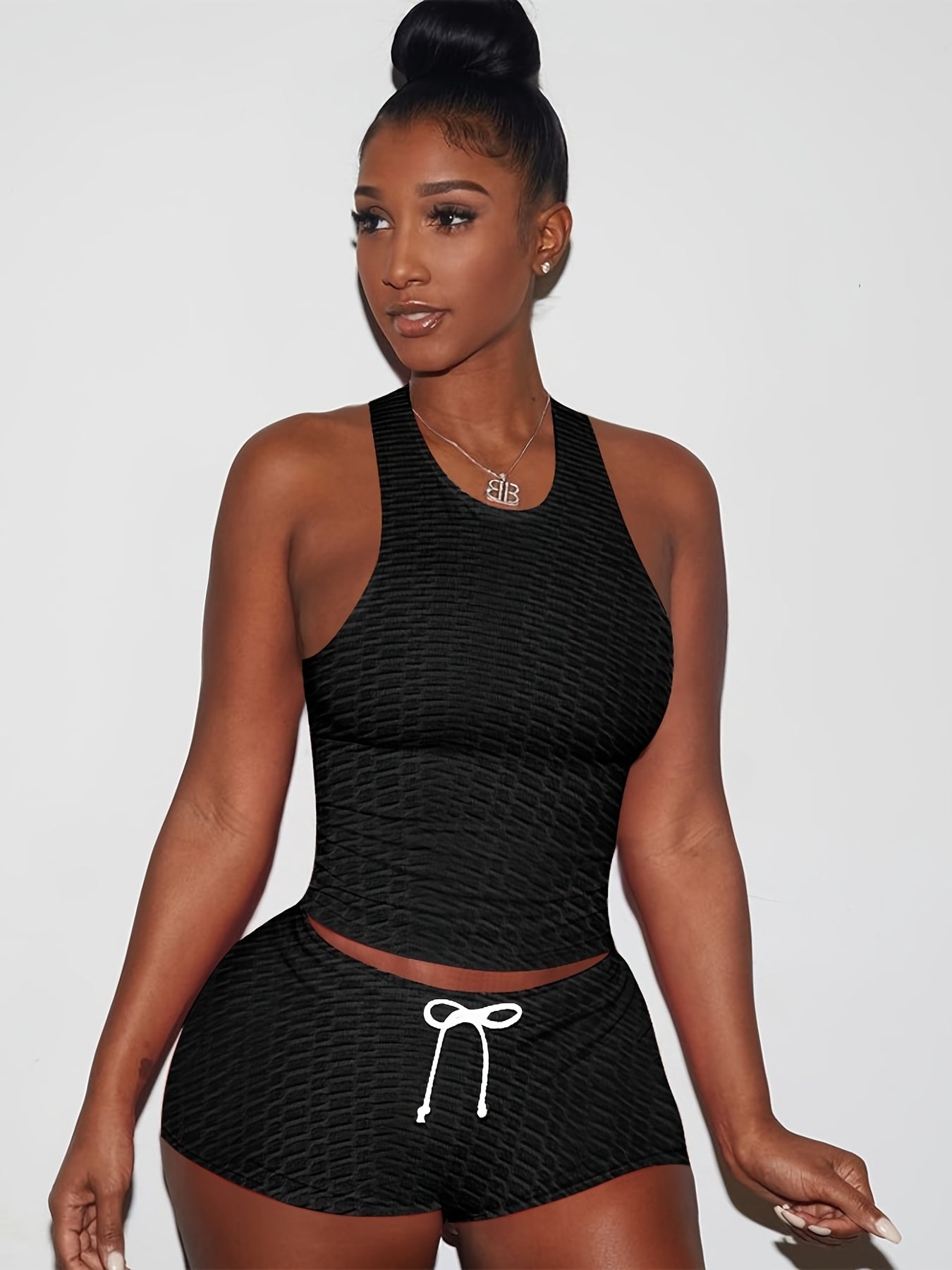 Plus Size Honeycomb Tank Top & Shorts Sports Outfits Set