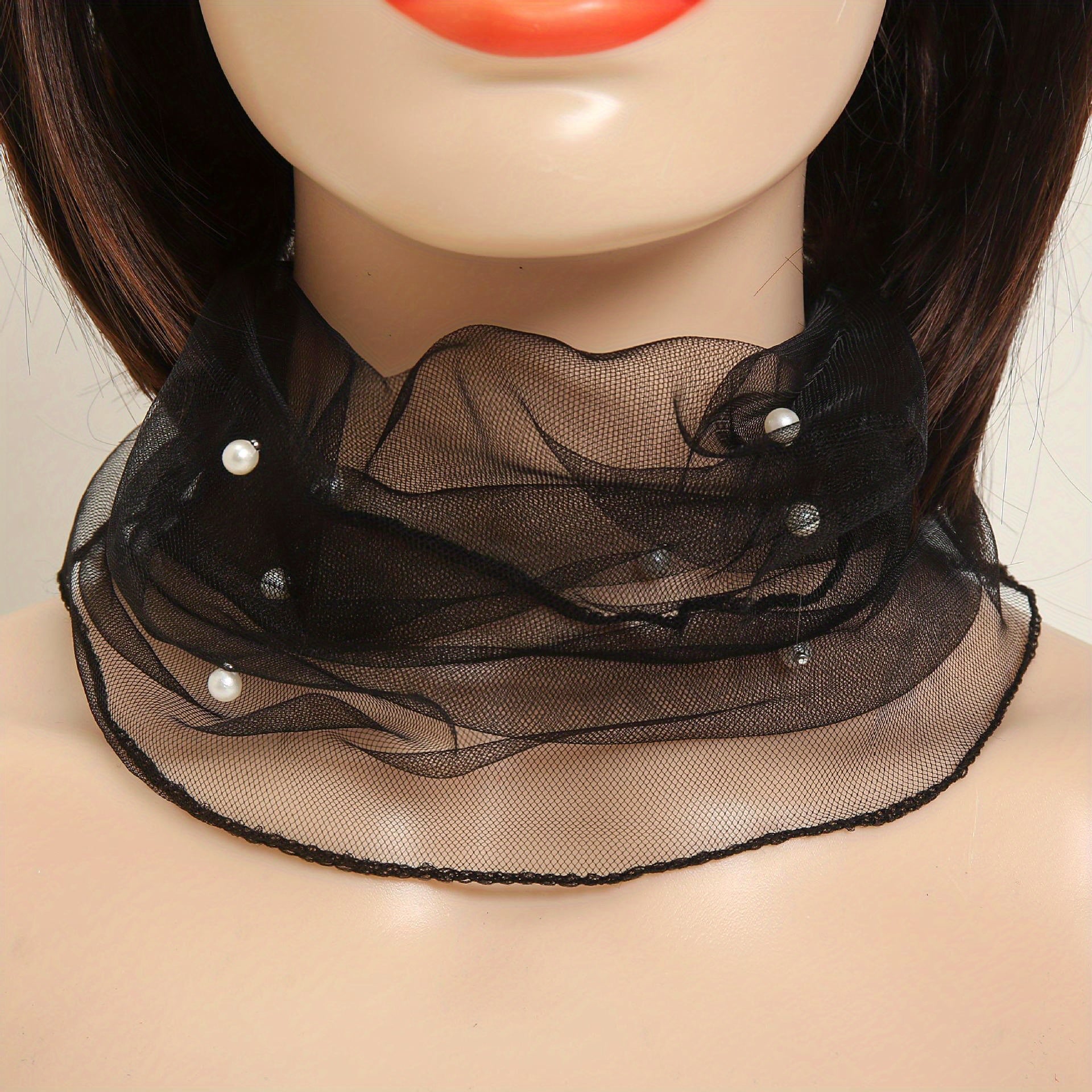 Chiffon Neck Collar Ruffles Infinity Scarf Faux Pearl Decor